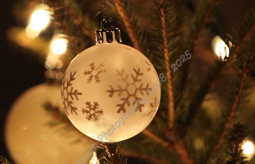 IMG 7129sl 
 white Christmas tree bauble with gold snowflakes hanging on Christmas tree. 
 Keywords: white Christmas tree bauble, gold snowflakes