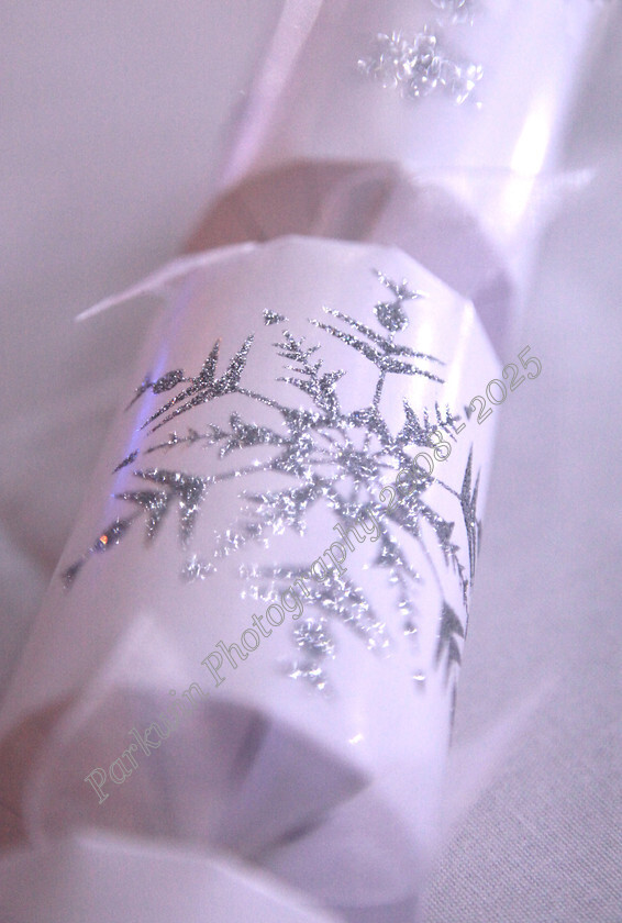 IMG 9543 
 Christmas cracker with silver glitter snowflake on white background. 
 Keywords: Christmas cracker, silver, glitter